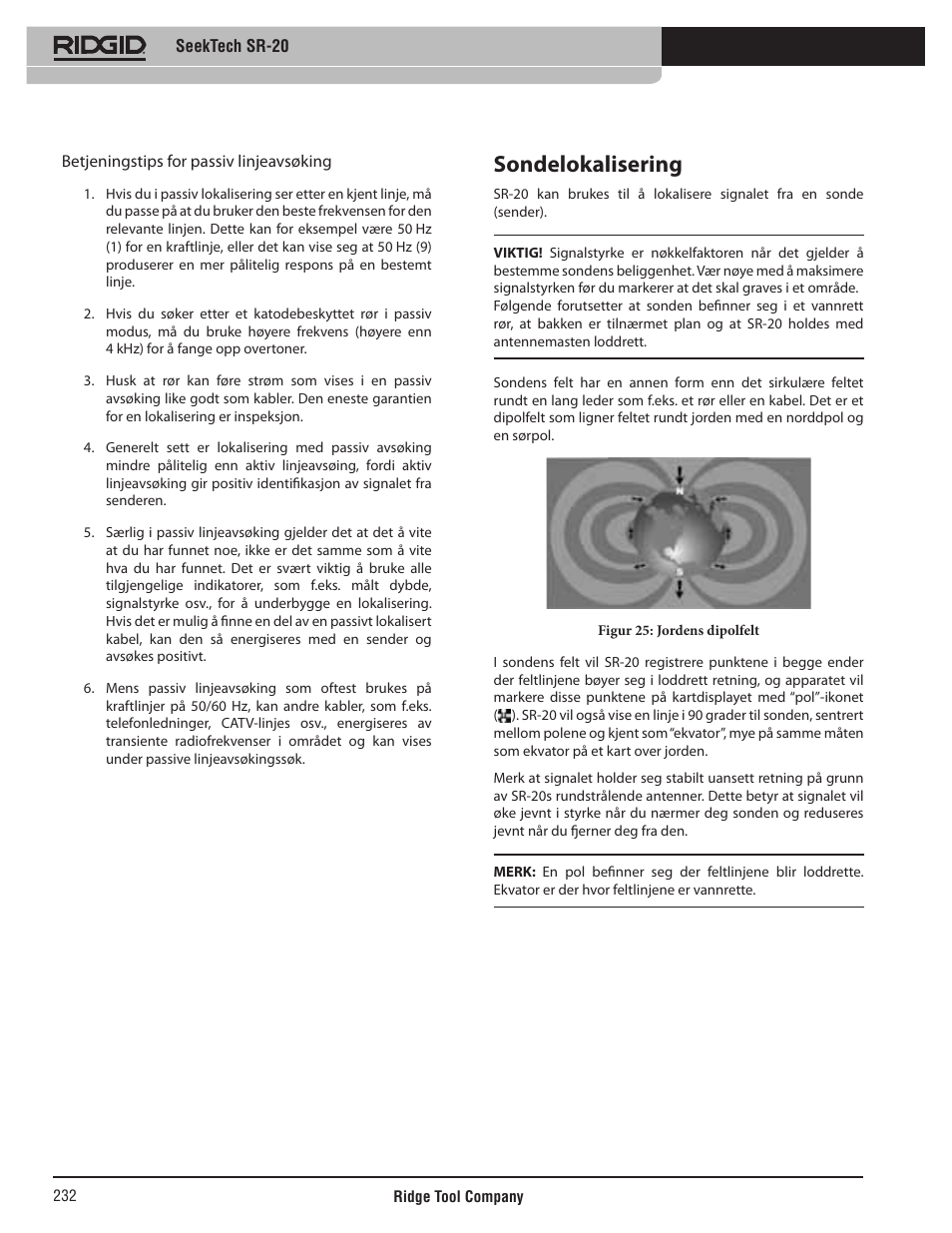 Sondelokalisering | RIDGID SeekTech SR-20 User Manual | Page 233 / 301