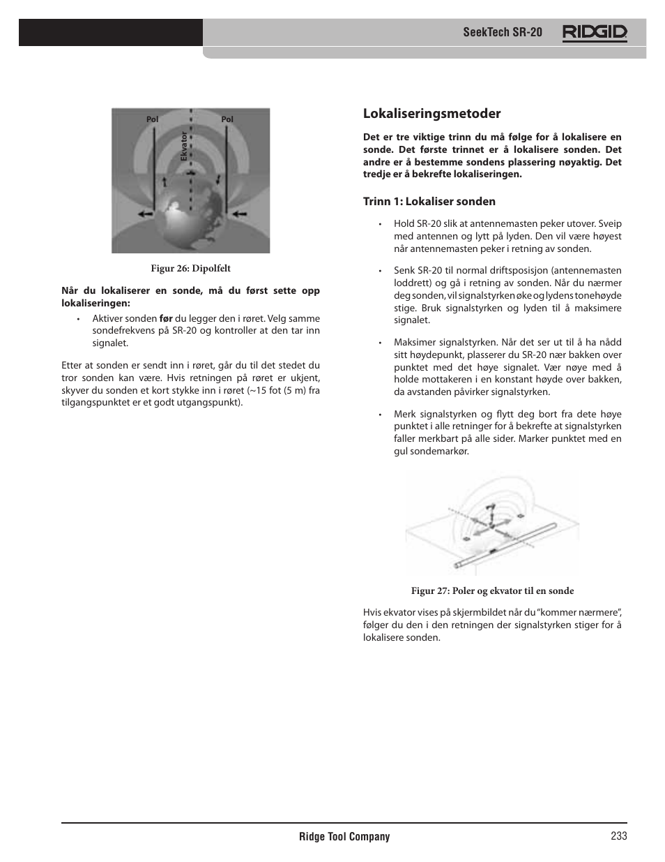 Lokaliseringsmetoder | RIDGID SeekTech SR-20 User Manual | Page 234 / 301