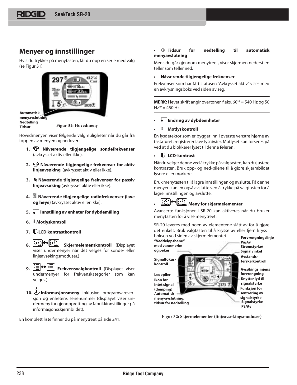 Menyer og innstillinger, Seektech sr-20 | RIDGID SeekTech SR-20 User Manual | Page 239 / 301