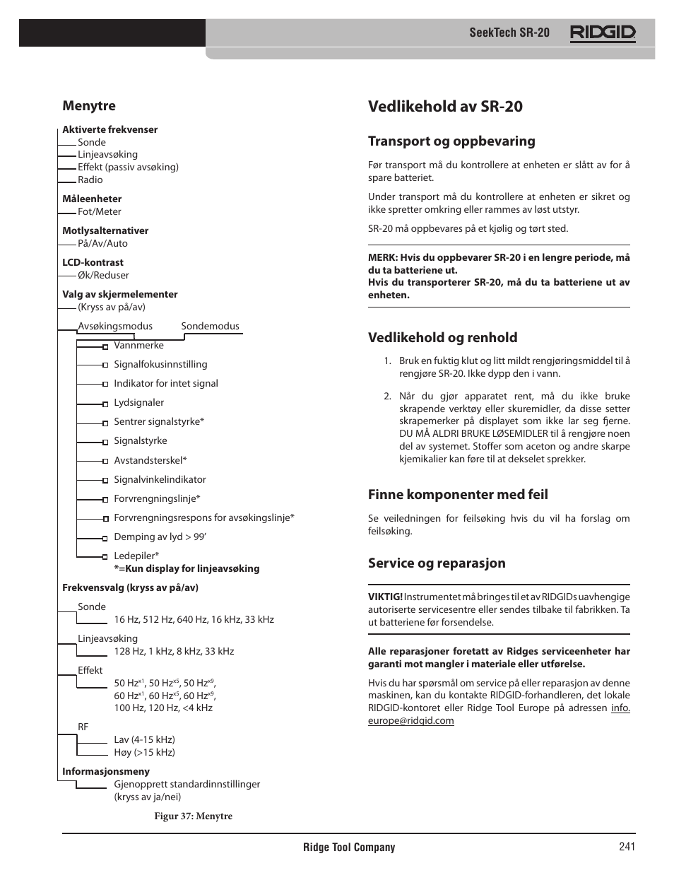 Vedlikehold av sr-20, Menytre, Transport og oppbevaring | Vedlikehold og renhold, Finne komponenter med feil, Service og reparasjon | RIDGID SeekTech SR-20 User Manual | Page 242 / 301