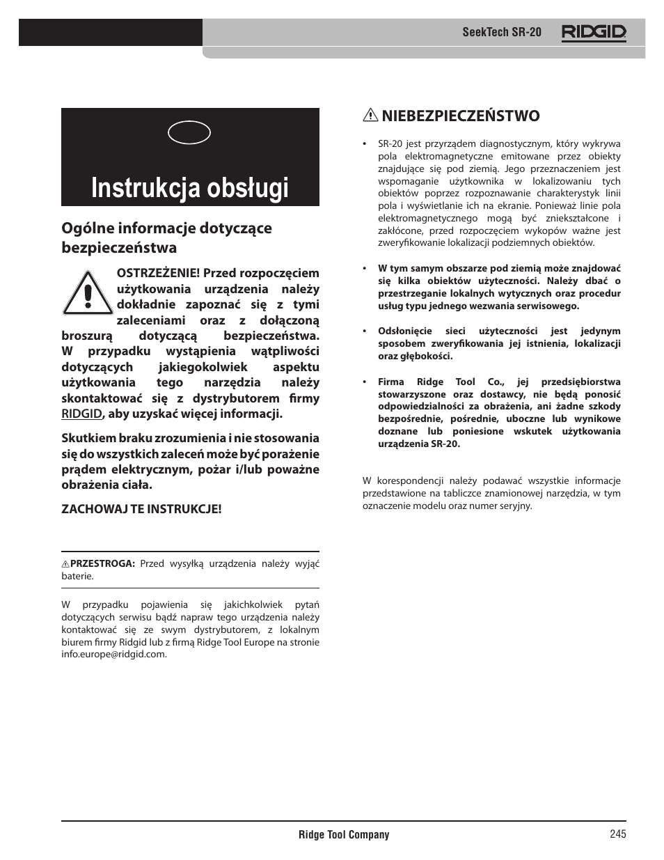 Instrukcja obsługi, Lokalizator seektech sr-20, Ogólne informacje dotyczące bezpieczeństwa | Niebezpieczeństwo | RIDGID SeekTech SR-20 User Manual | Page 246 / 301