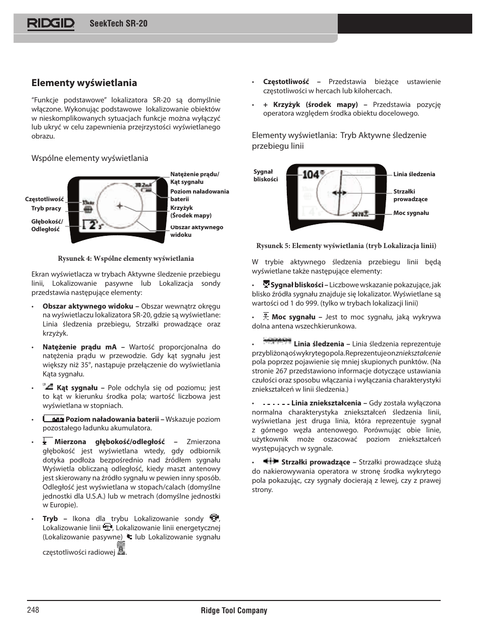 Elementy wyświetlania, Seektech sr-20, Wspólne elementy wyświetlania | RIDGID SeekTech SR-20 User Manual | Page 249 / 301