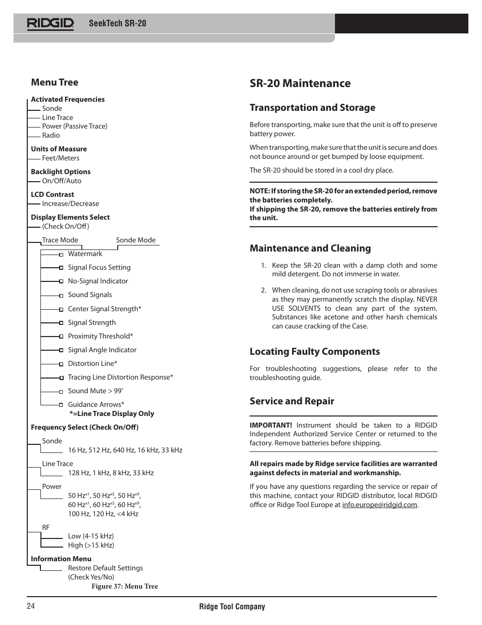 Sr-20 maintenance, Menu tree, Transportation and storage | Maintenance and cleaning, Locating faulty components, Service and repair | RIDGID SeekTech SR-20 User Manual | Page 25 / 301