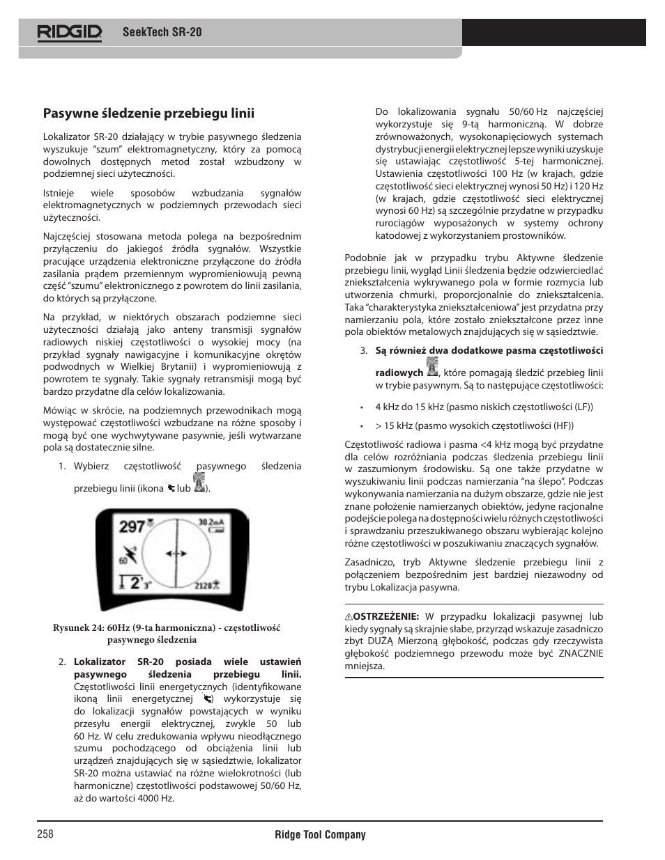 Pasywne śledzenie przebiegu linii | RIDGID SeekTech SR-20 User Manual | Page 259 / 301