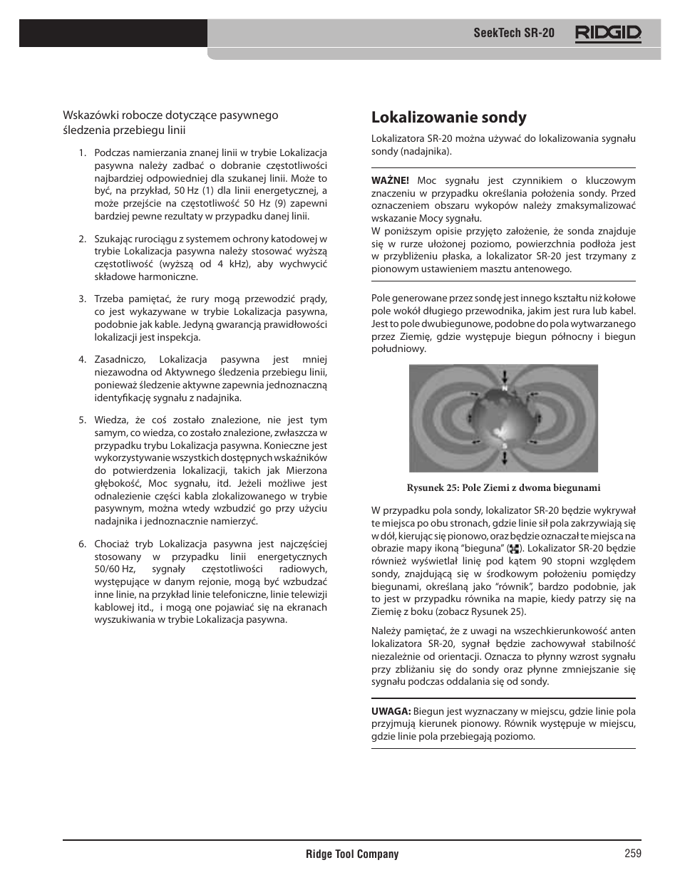 Lokalizowanie sondy | RIDGID SeekTech SR-20 User Manual | Page 260 / 301