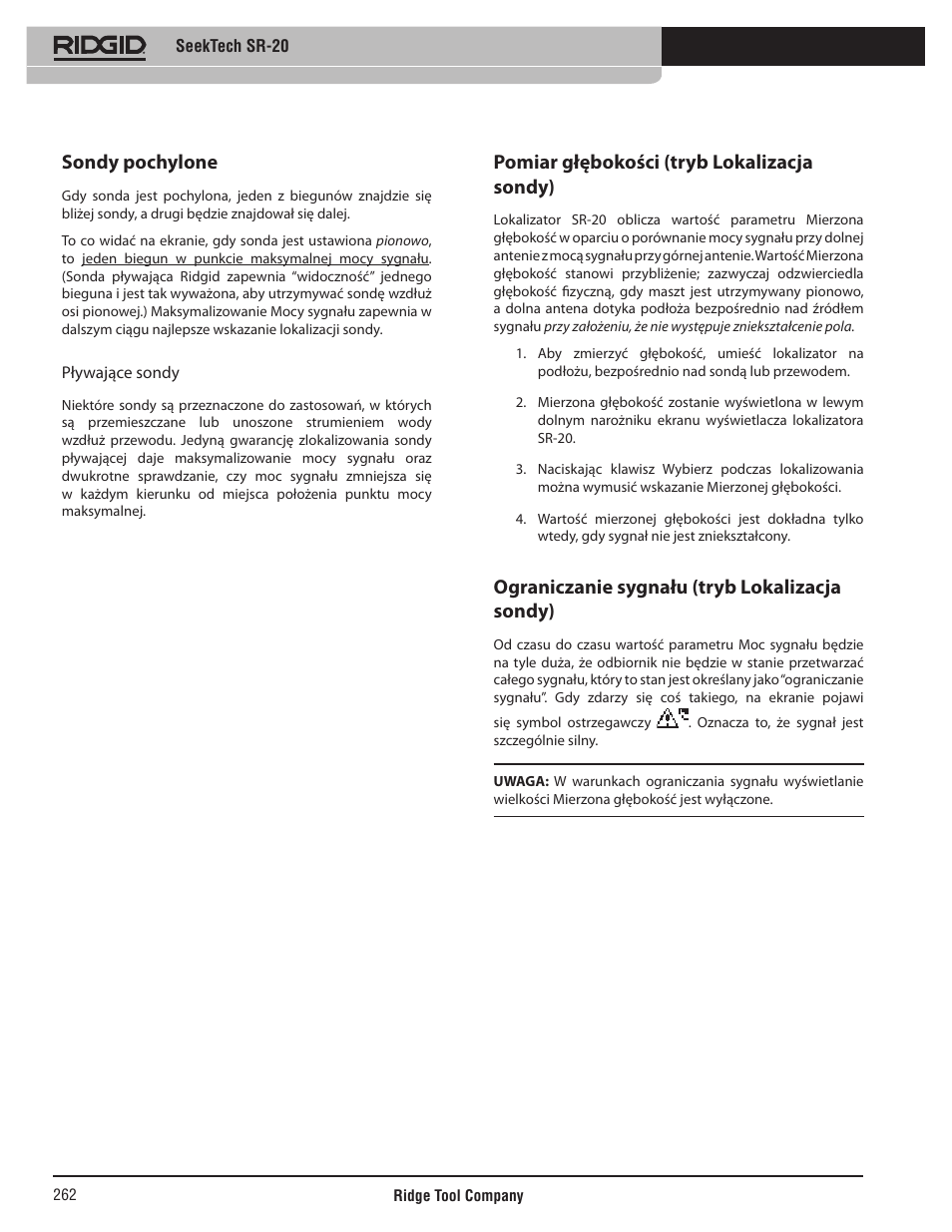 Sondy pochylone, Pomiar głębokości (tryb lokalizacja sondy), Ograniczanie sygnału (tryb lokalizacja sondy) | RIDGID SeekTech SR-20 User Manual | Page 263 / 301