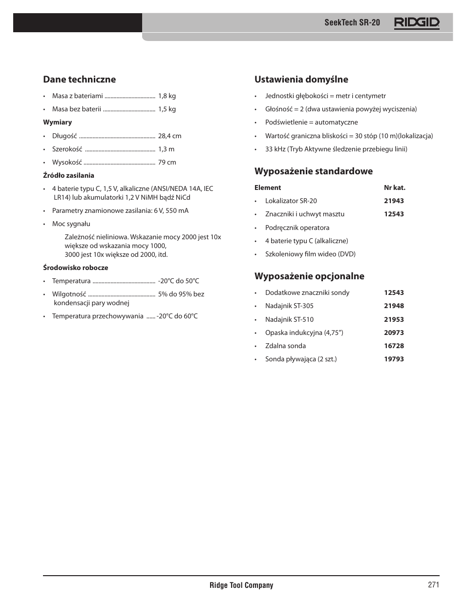 Dane techniczne, Ustawienia domyślne, Wyposażenie standardowe | Wyposażenie opcjonalne | RIDGID SeekTech SR-20 User Manual | Page 272 / 301