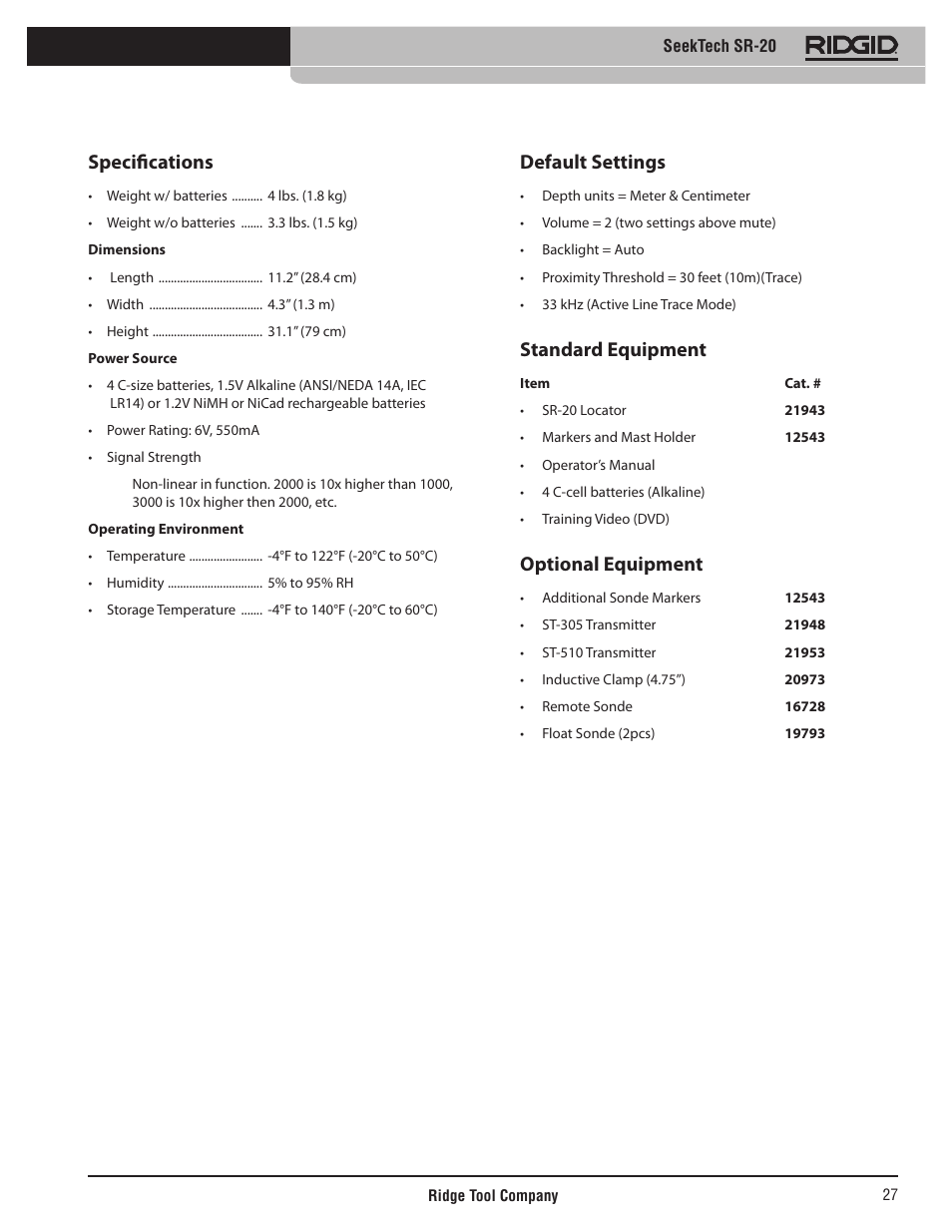 Specifications, Default settings, Standard equipment | Optional equipment | RIDGID SeekTech SR-20 User Manual | Page 28 / 301