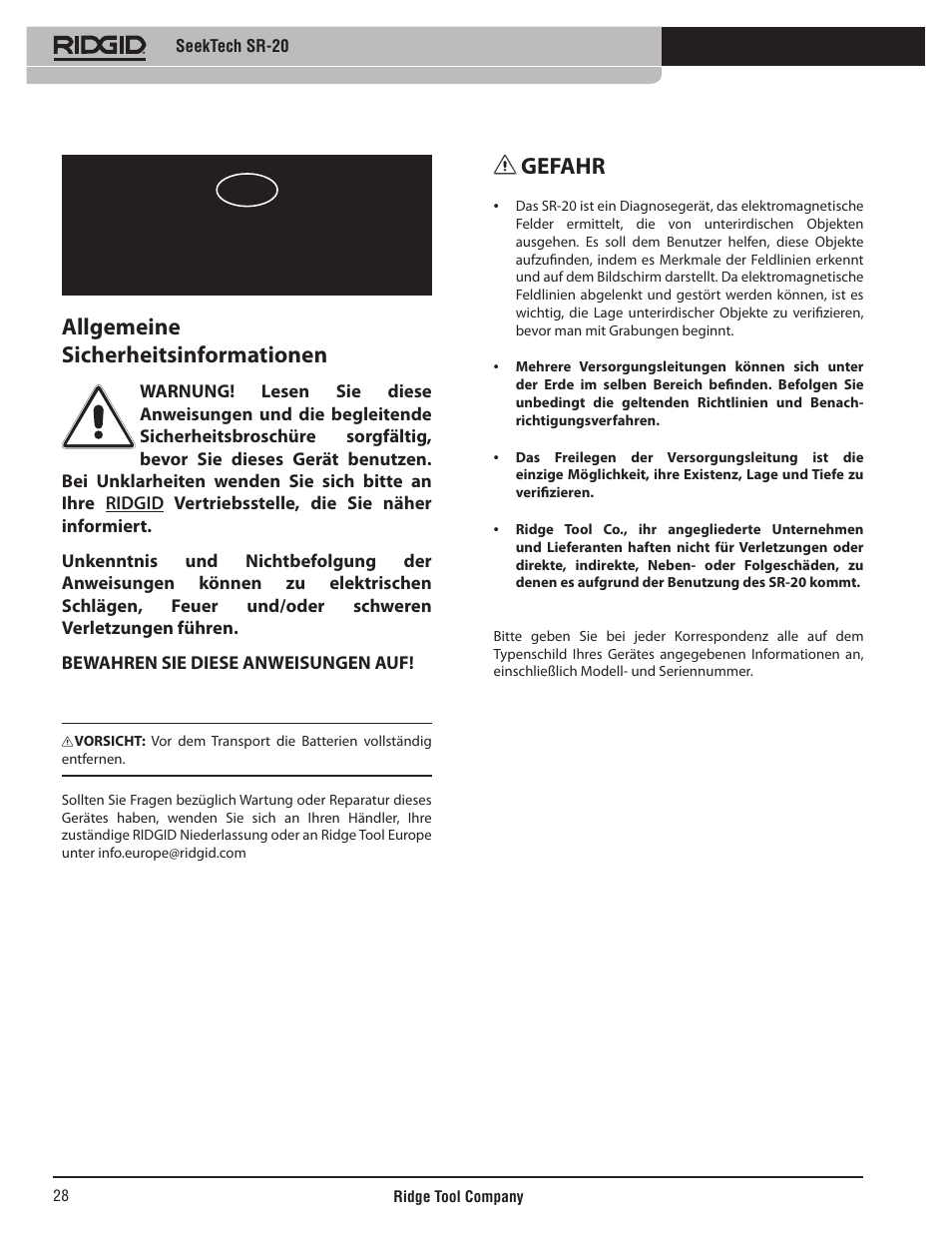 Bedienungsanleitung, Seektech sr-20, Allgemeine sicherheitsinformationen | Gefahr | RIDGID SeekTech SR-20 User Manual | Page 29 / 301