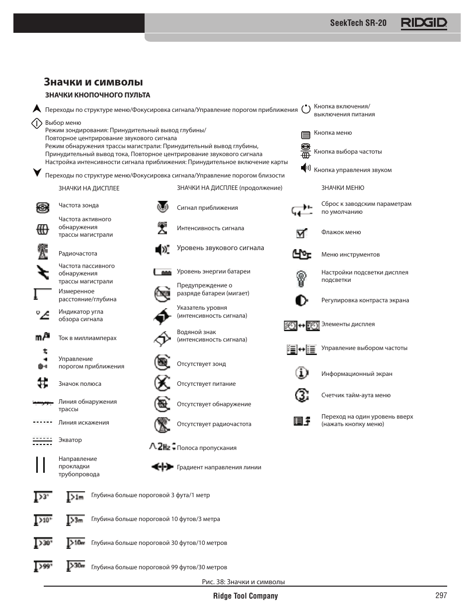 Значки и символы, Seektech sr-20 | RIDGID SeekTech SR-20 User Manual | Page 298 / 301