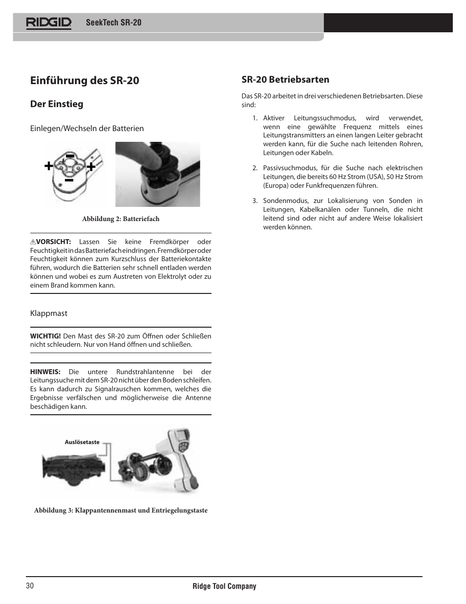 Einführung des sr-20, Der einstieg, Sr-20 betriebsarten | RIDGID SeekTech SR-20 User Manual | Page 31 / 301
