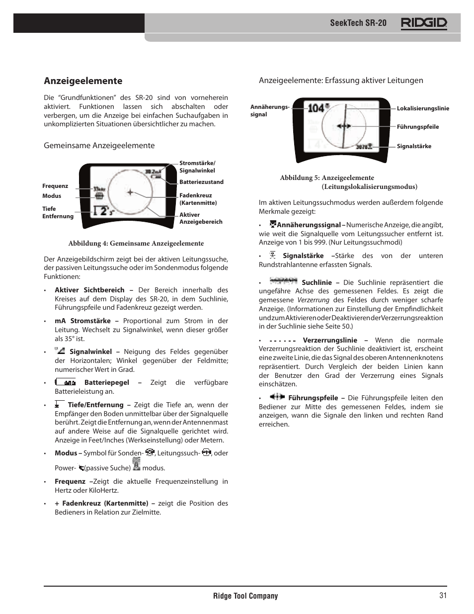 Anzeigeelemente, Seektech sr-20, Gemeinsame anzeigeelemente | Anzeigeelemente: erfassung aktiver leitungen | RIDGID SeekTech SR-20 User Manual | Page 32 / 301
