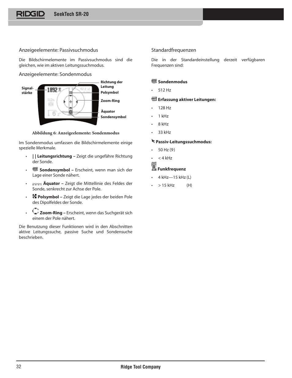 Seektech sr-20 anzeigeelemente: passivsuchmodus, Anzeigeelemente: sondenmodus, Standardfrequenzen | RIDGID SeekTech SR-20 User Manual | Page 33 / 301