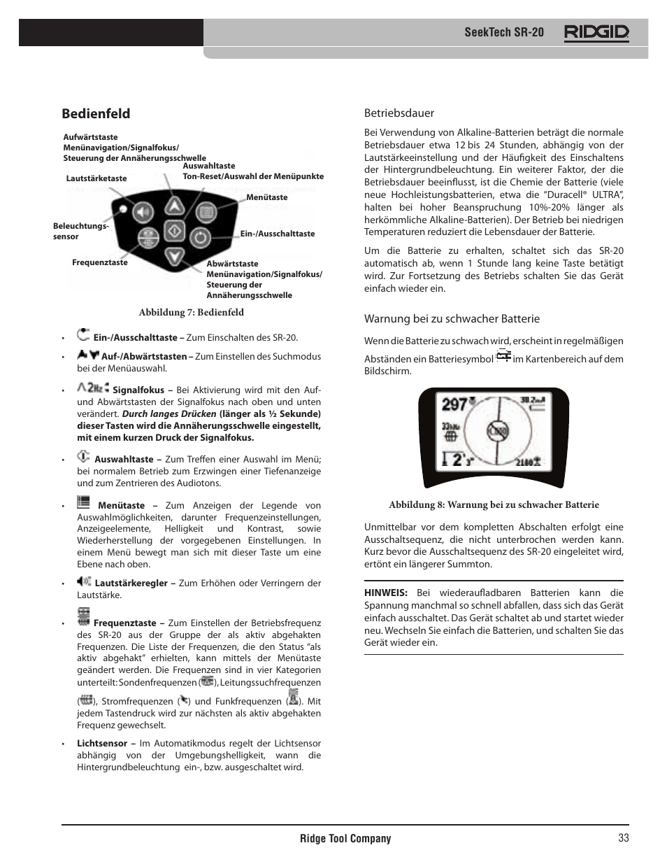 Bedienfeld | RIDGID SeekTech SR-20 User Manual | Page 34 / 301