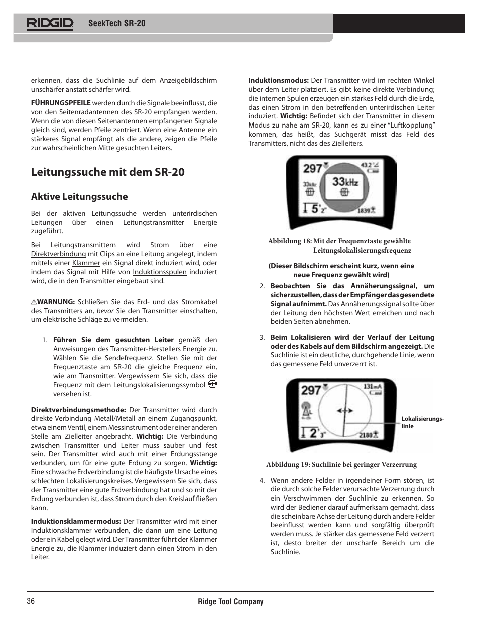 Leitungssuche mit dem sr-20, Aktive leitungssuche | RIDGID SeekTech SR-20 User Manual | Page 37 / 301