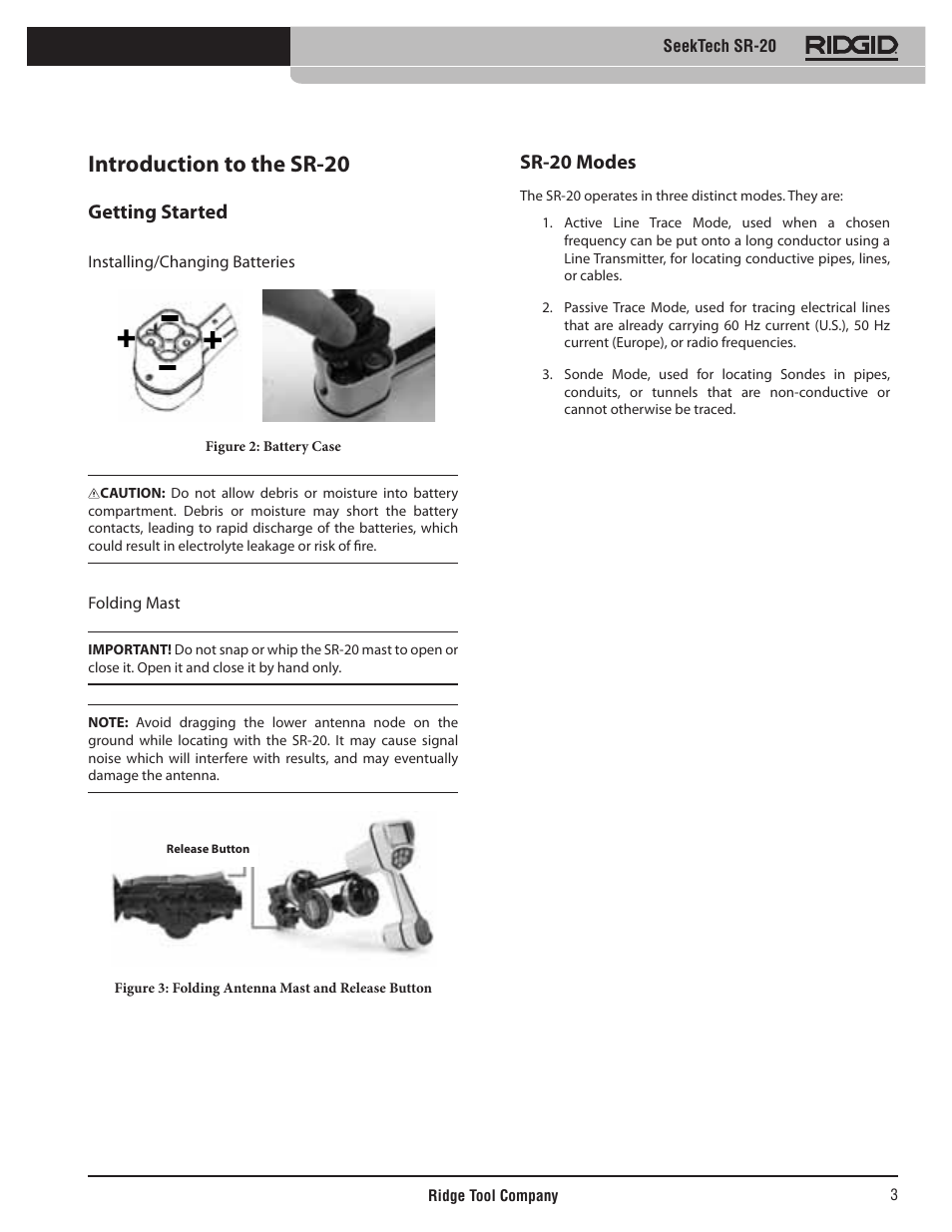 Introduction to the sr-20, Getting started, Sr-20 modes | RIDGID SeekTech SR-20 User Manual | Page 4 / 301
