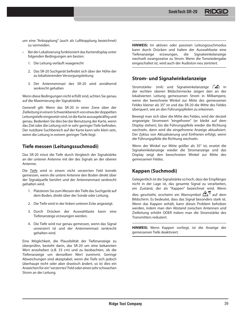 Tiefe messen (leitungssuchmodi), Strom- und signalwinkelanzeige, Kappen (suchmodi) | RIDGID SeekTech SR-20 User Manual | Page 40 / 301