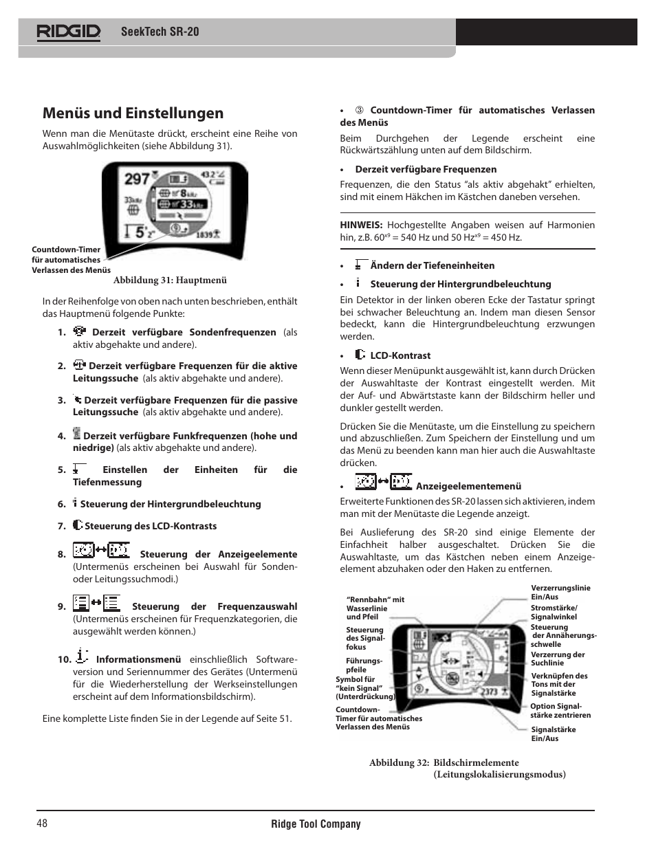Menüs und einstellungen, Seektech sr-20 | RIDGID SeekTech SR-20 User Manual | Page 49 / 301