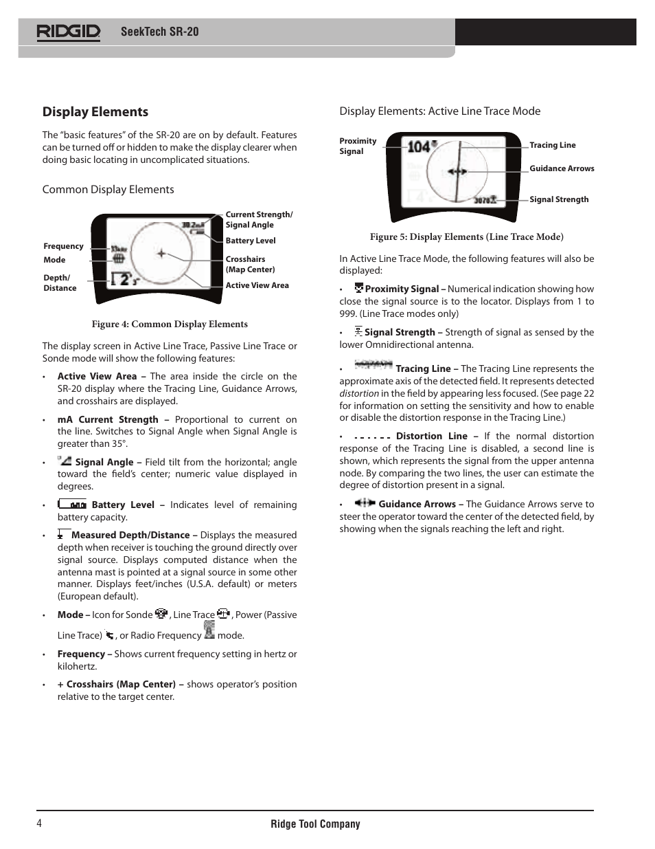 Display elements, Seektech sr-20, Common display elements | Display elements: active line trace mode | RIDGID SeekTech SR-20 User Manual | Page 5 / 301