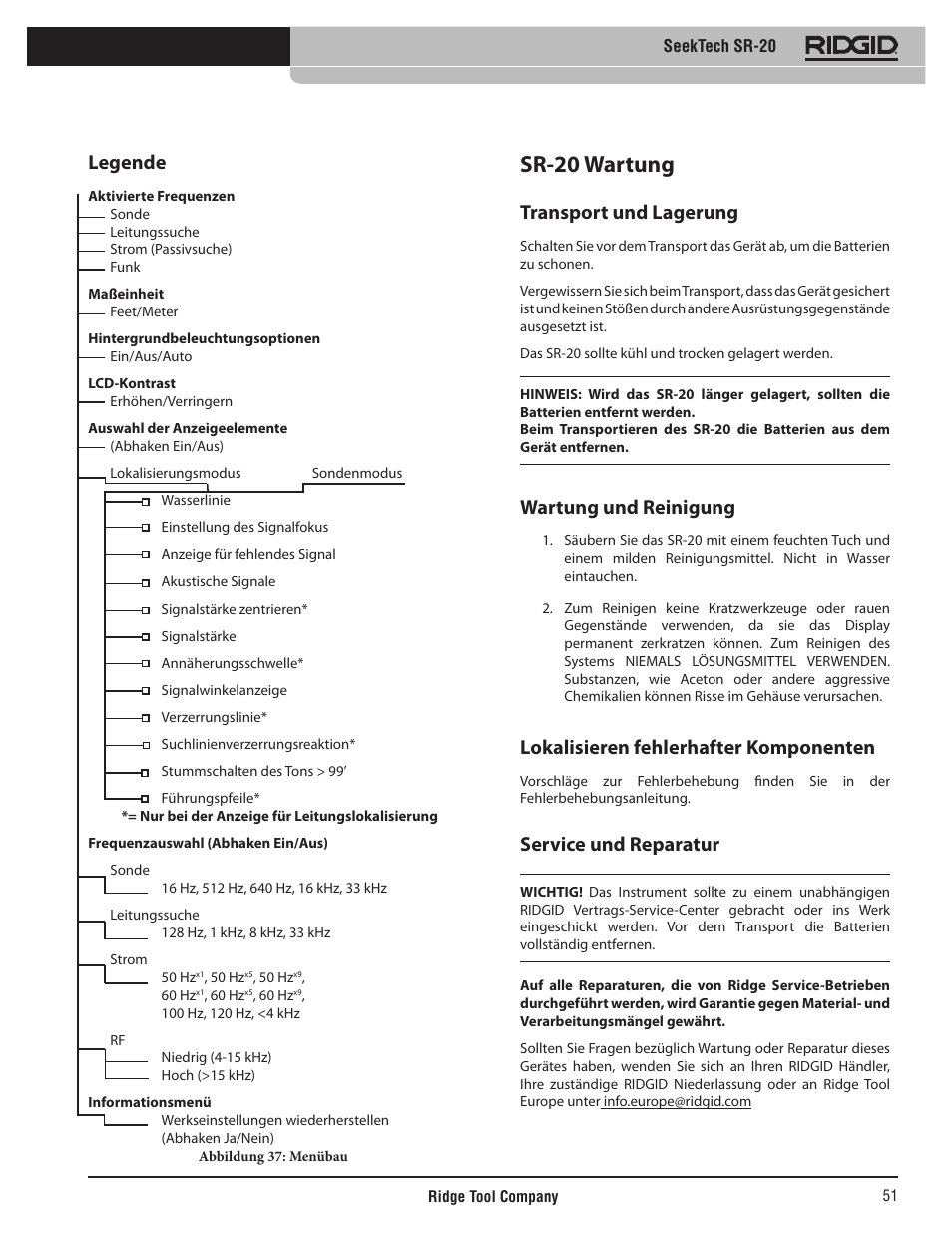 Sr-20 wartung, Legende, Transport und lagerung | Wartung und reinigung, Lokalisieren fehlerhafter komponenten, Service und reparatur | RIDGID SeekTech SR-20 User Manual | Page 52 / 301