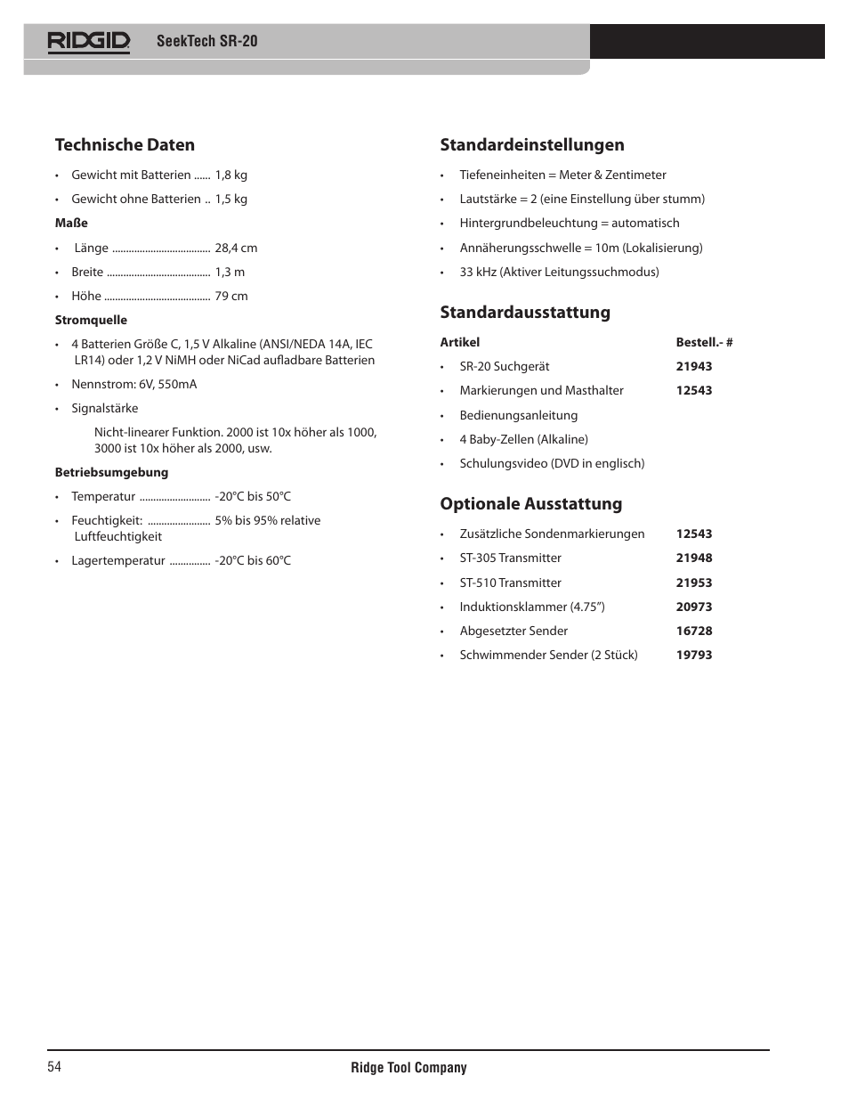 Technische daten, Standardeinstellungen, Standardausstattung | Optionale ausstattung | RIDGID SeekTech SR-20 User Manual | Page 55 / 301