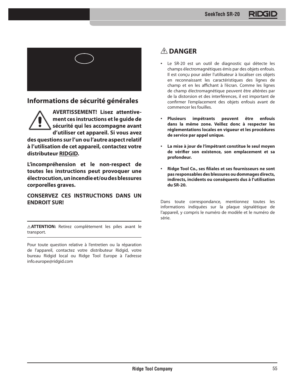 Mode d’emploi, Seektech sr-20, Informations de sécurité générales | Danger | RIDGID SeekTech SR-20 User Manual | Page 56 / 301