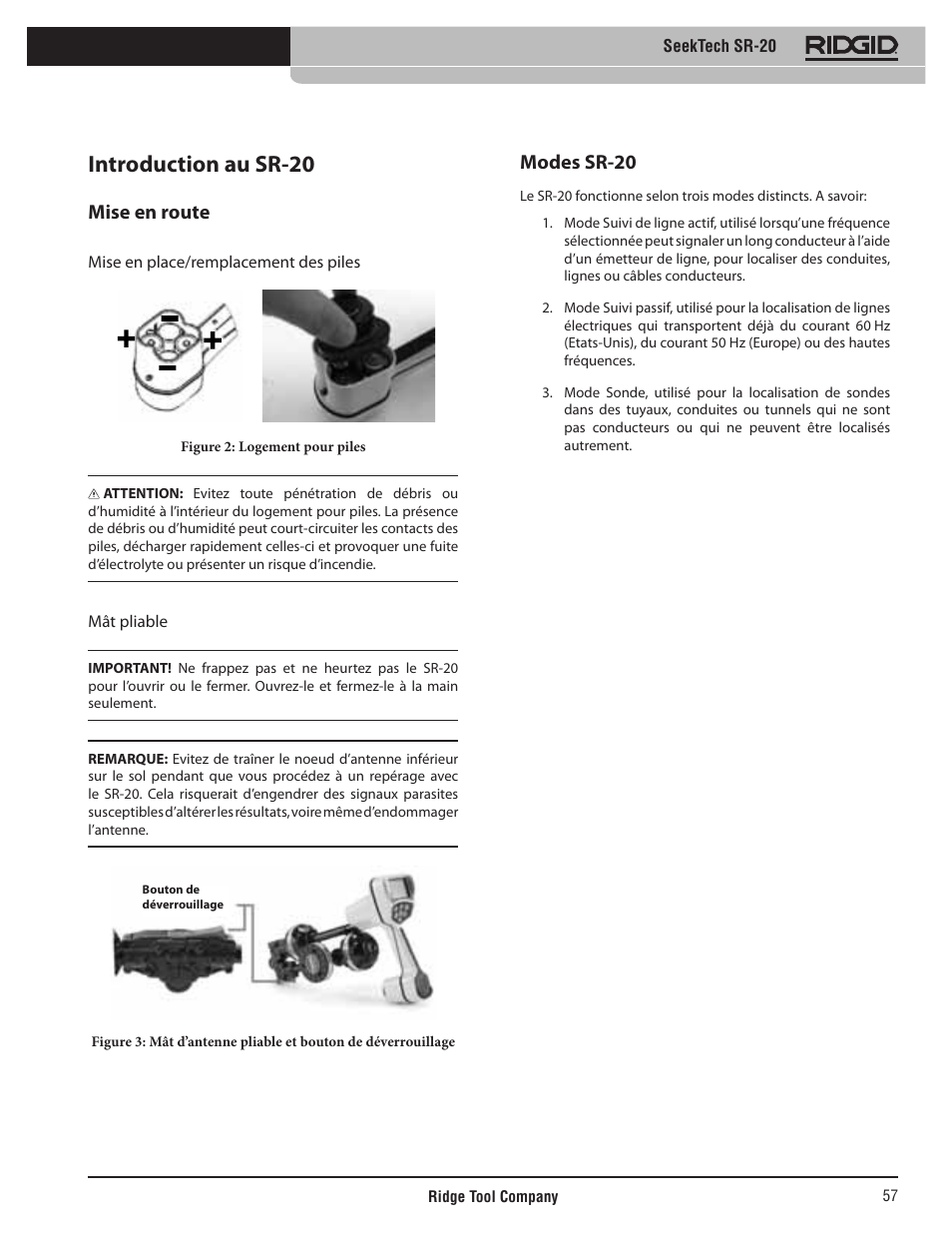 Introduction au sr-20, Mise en route, Modes sr-20 | RIDGID SeekTech SR-20 User Manual | Page 58 / 301