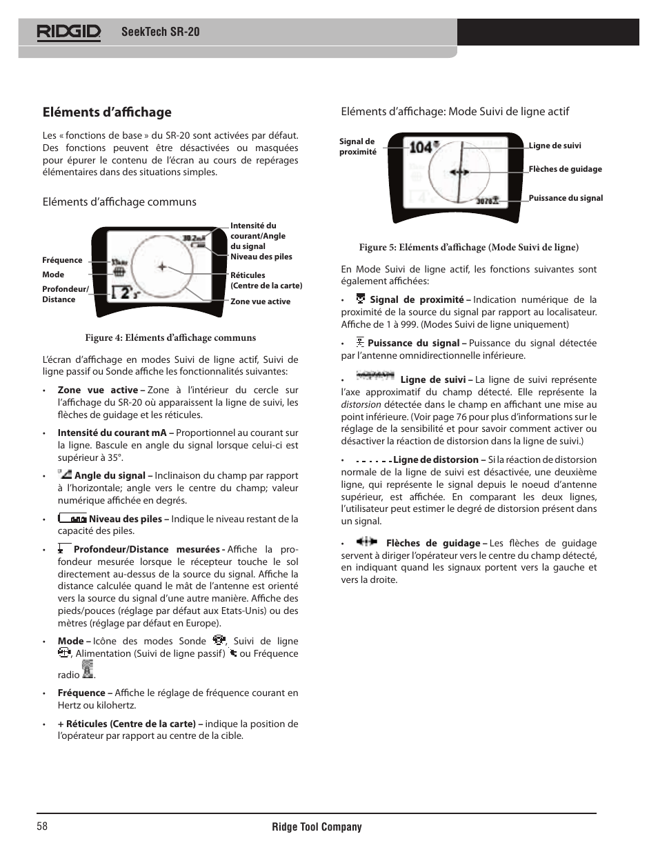 Eléments d’affichage, Seektech sr-20, Eléments d’affichage communs | Eléments d’affichage: mode suivi de ligne actif | RIDGID SeekTech SR-20 User Manual | Page 59 / 301