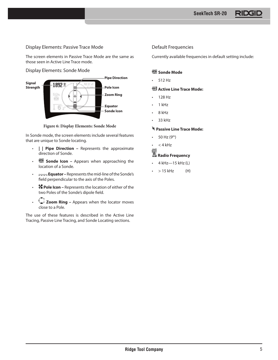 Display elements: sonde mode, Default frequencies | RIDGID SeekTech SR-20 User Manual | Page 6 / 301