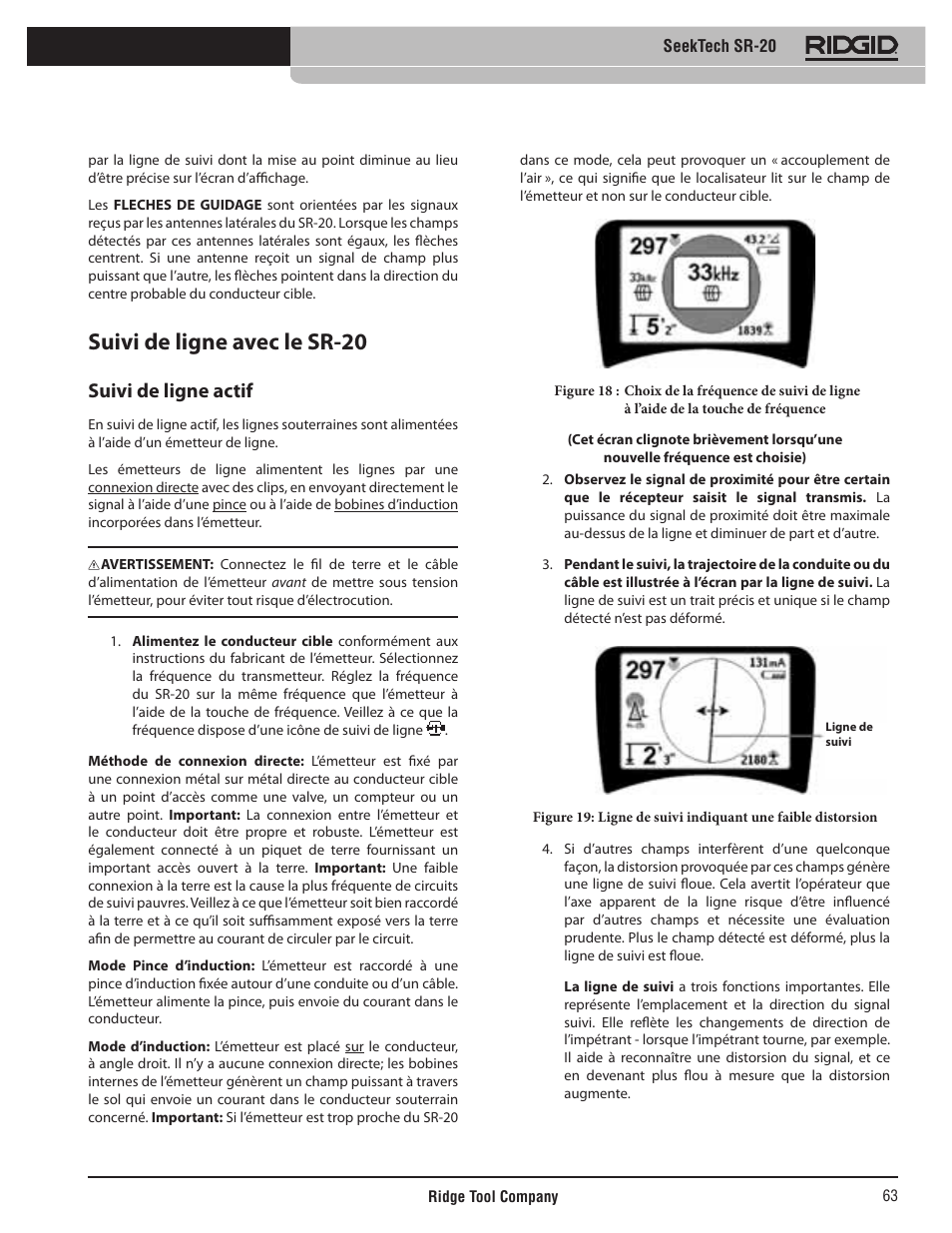 Suivi de ligne avec le sr-20, Suivi de ligne actif | RIDGID SeekTech SR-20 User Manual | Page 64 / 301