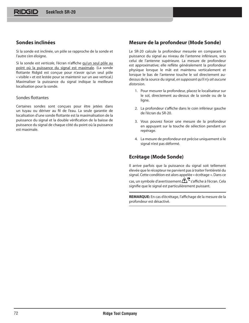 Sondes inclinées, Mesure de la profondeur (mode sonde), Ecrêtage (mode sonde) | RIDGID SeekTech SR-20 User Manual | Page 73 / 301
