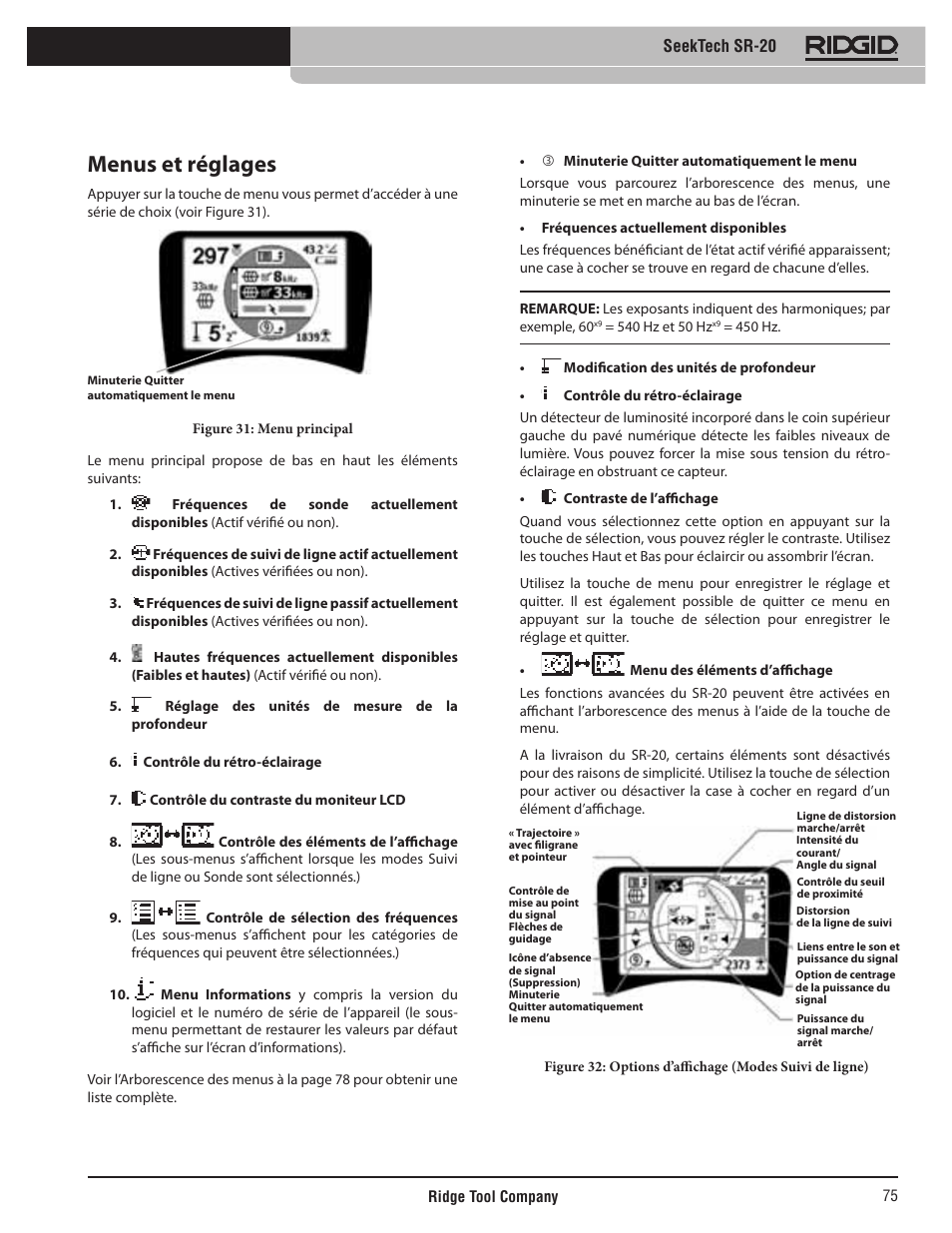 Menus et réglages, Seektech sr-20 | RIDGID SeekTech SR-20 User Manual | Page 76 / 301