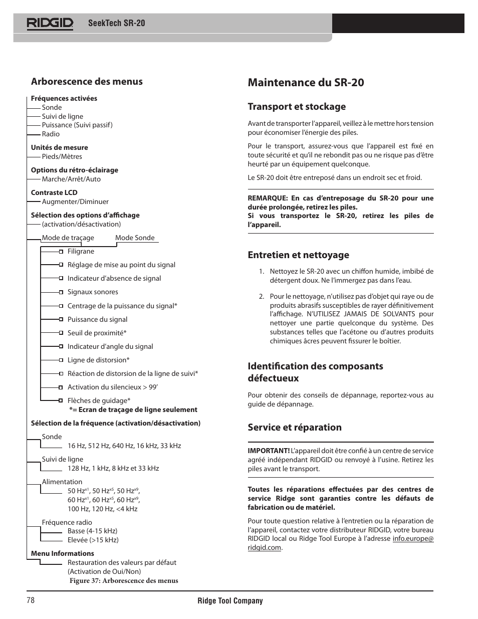 Maintenance du sr-20, Arborescence des menus, Transport et stockage | Entretien et nettoyage, Identification des composants défectueux, Service et réparation | RIDGID SeekTech SR-20 User Manual | Page 79 / 301