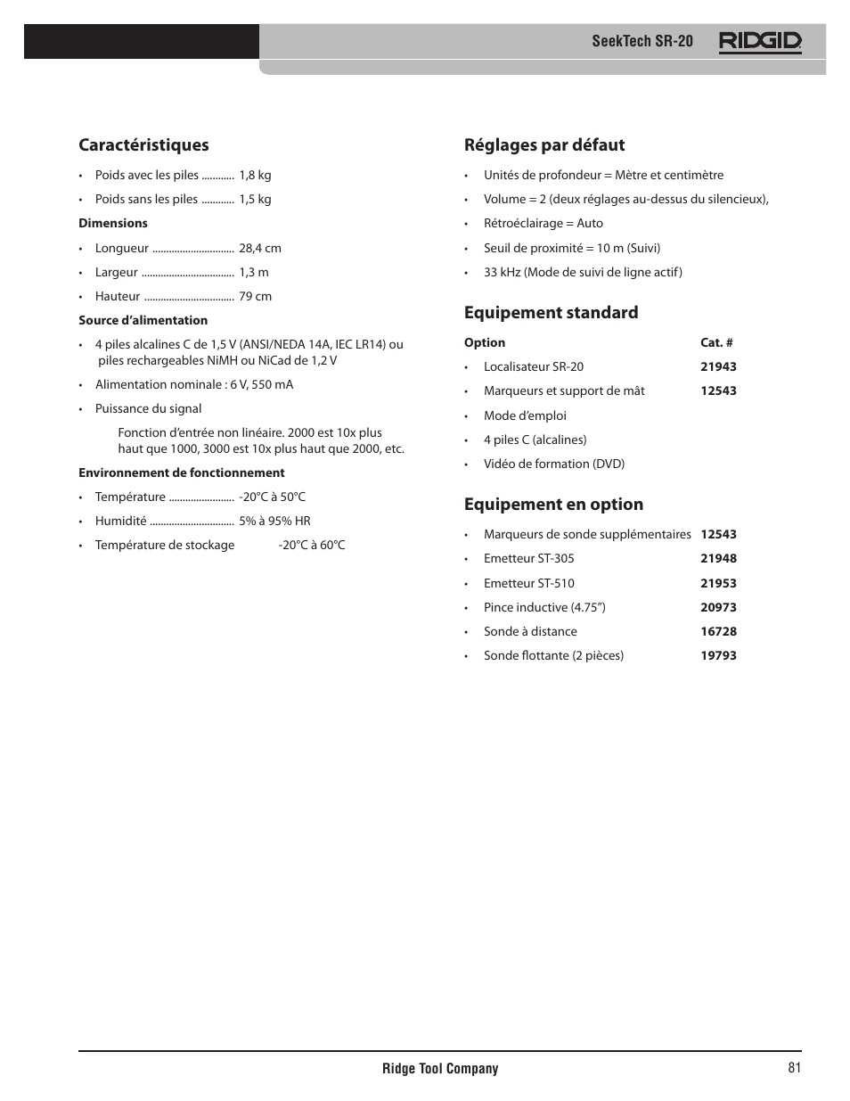 Caractéristiques, Réglages par défaut, Equipement standard | Equipement en option | RIDGID SeekTech SR-20 User Manual | Page 82 / 301