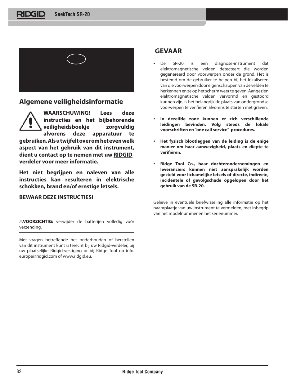 Gebruiksaanwijzing, Seektech sr-20, Algemene veiligheidsinformatie | Gevaar | RIDGID SeekTech SR-20 User Manual | Page 83 / 301