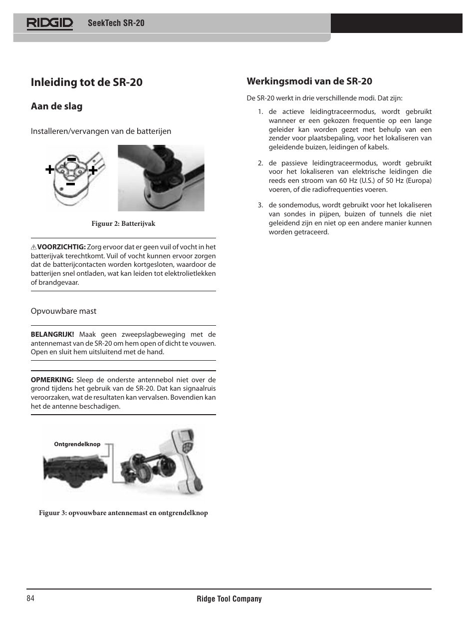 Inleiding tot de sr-20, Aan de slag, Werkingsmodi van de sr-20 | RIDGID SeekTech SR-20 User Manual | Page 85 / 301