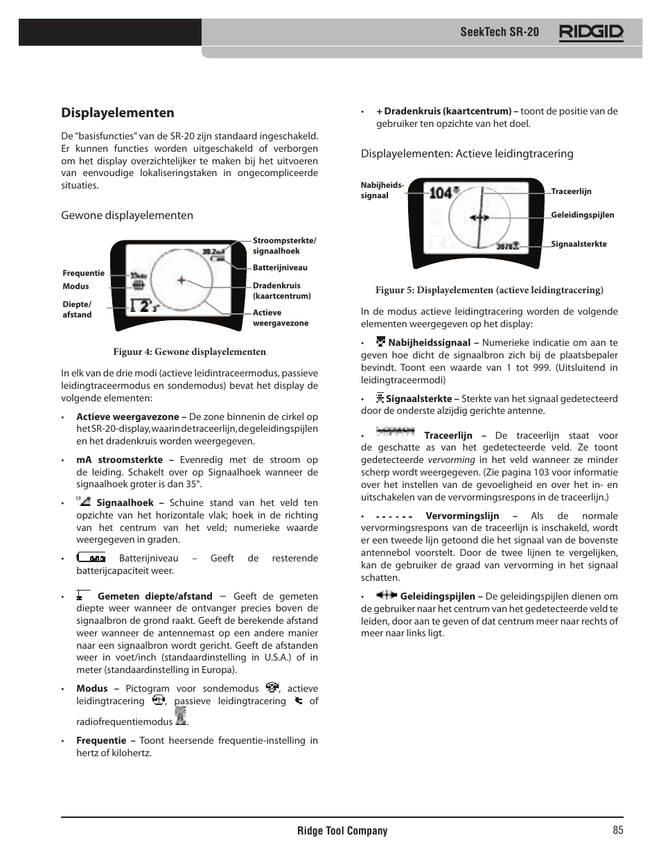 Displayelementen, Seektech sr-20, Gewone displayelementen | Displayelementen: actieve leidingtracering | RIDGID SeekTech SR-20 User Manual | Page 86 / 301