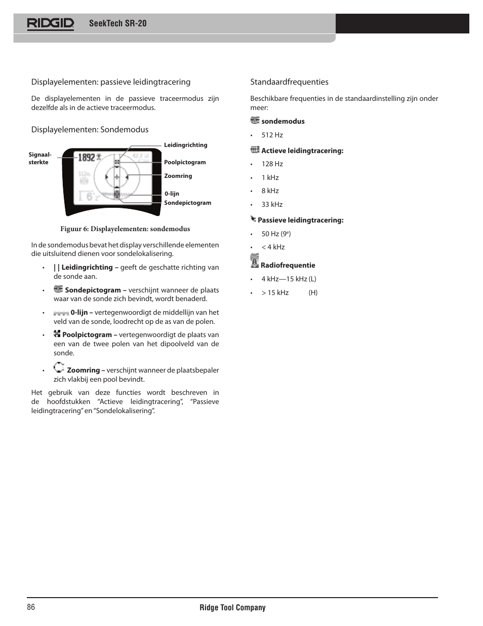 Displayelementen: sondemodus, Standaardfrequenties | RIDGID SeekTech SR-20 User Manual | Page 87 / 301