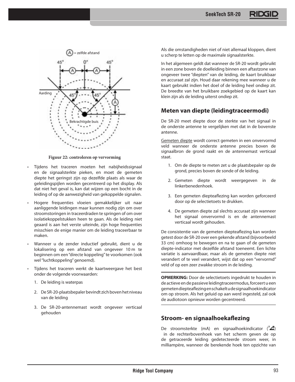 Meten van diepte (leidingtraceermodi), Stroom- en signaalhoekaflezing | RIDGID SeekTech SR-20 User Manual | Page 94 / 301