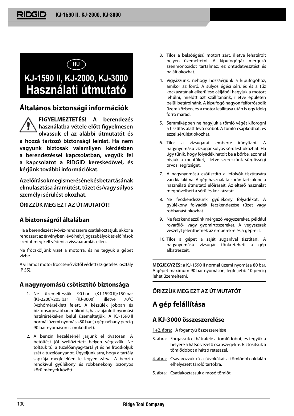 Használati útmutató, Általános biztonsági információk, A gép felállítása | RIDGID KJ-3000 User Manual | Page 101 / 124