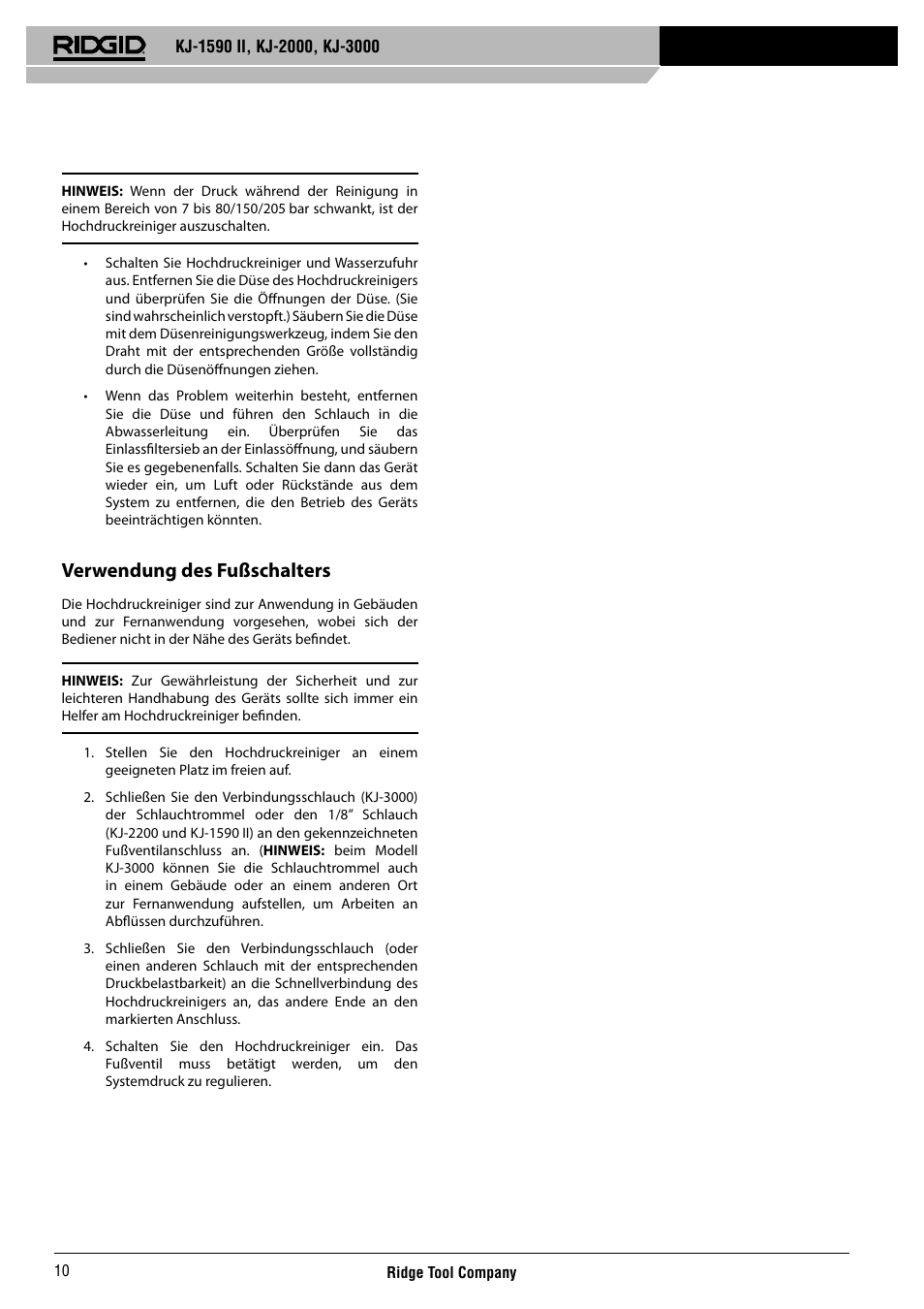 Verwendung des fußschalters | RIDGID KJ-3000 User Manual | Page 11 / 124