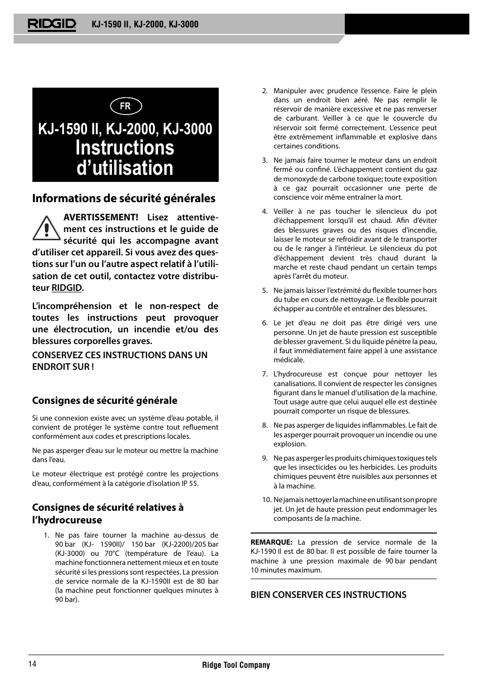 Instructions d’utilisation, Informations de sécurité générales | RIDGID KJ-3000 User Manual | Page 15 / 124