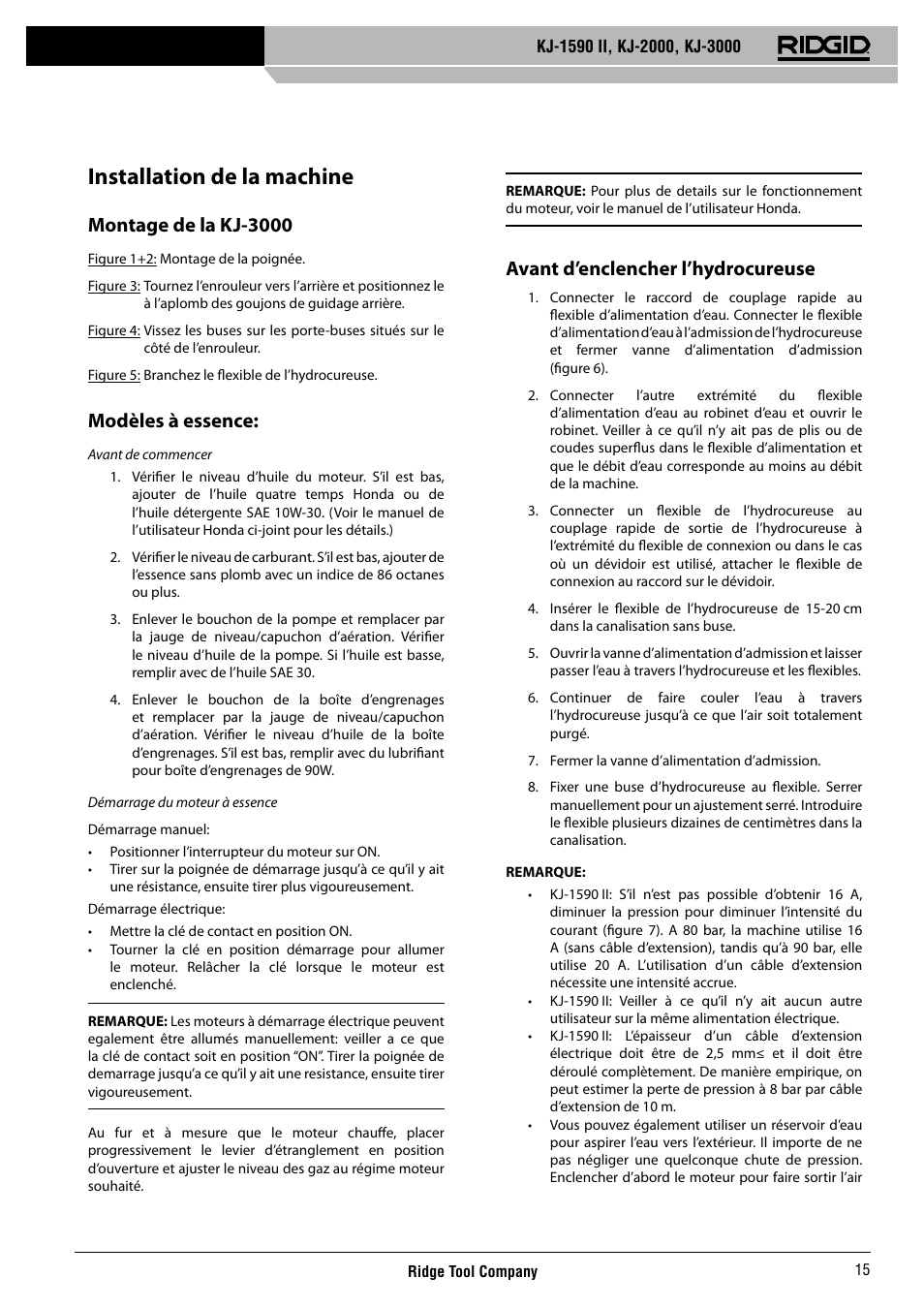 Installation de la machine, Montage de la kj-3000, Modèles à essence | Avant d’enclencher l’hydrocureuse | RIDGID KJ-3000 User Manual | Page 16 / 124