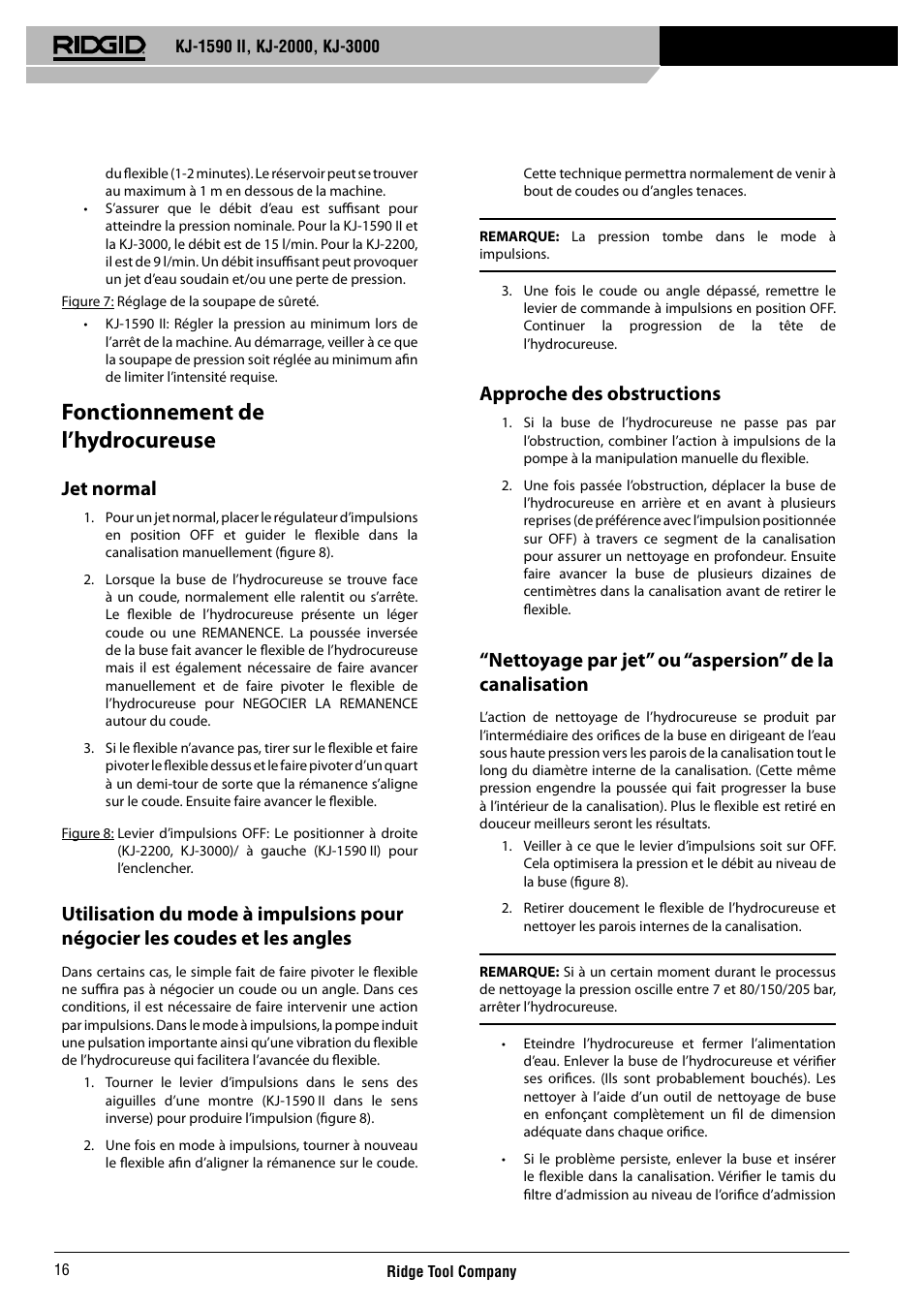 Fonctionnement de l’hydrocureuse, Jet normal, Approche des obstructions | RIDGID KJ-3000 User Manual | Page 17 / 124