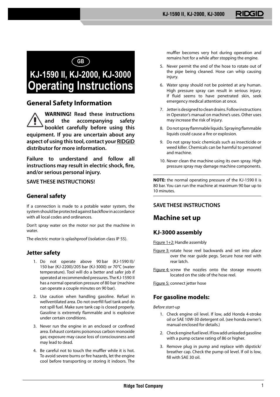 Operating instructions, General safety information, Machine set up | RIDGID KJ-3000 User Manual | Page 2 / 124