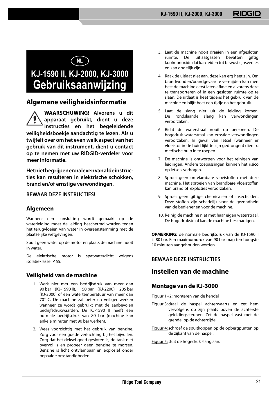 Gebruiksaanwijzing, Algemene veiligheidsinformatie, Instellen van de machine | RIDGID KJ-3000 User Manual | Page 22 / 124