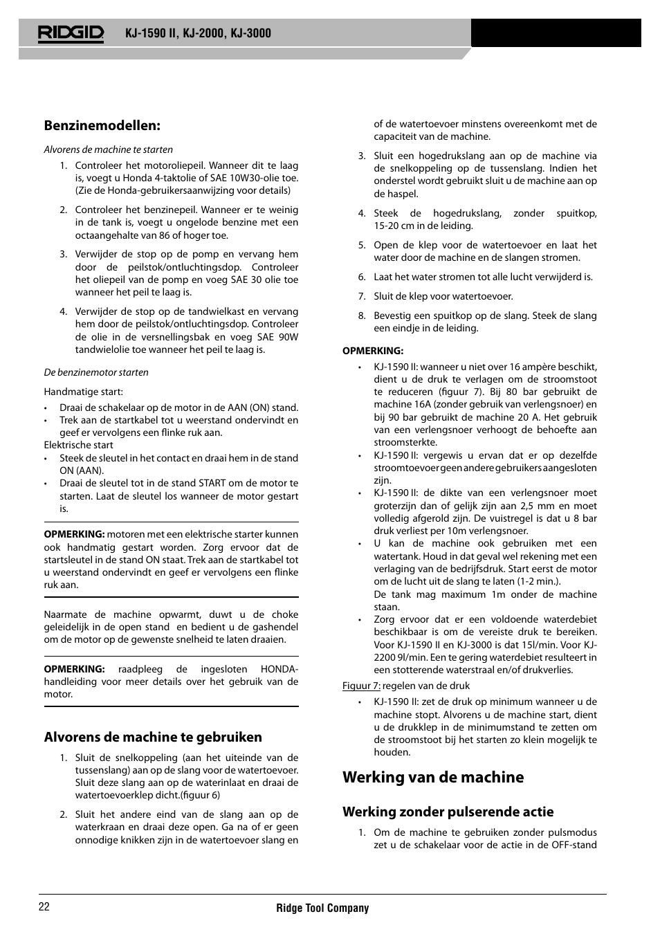 Werking van de machine, Benzinemodellen, Alvorens de machine te gebruiken | Werking zonder pulserende actie | RIDGID KJ-3000 User Manual | Page 23 / 124