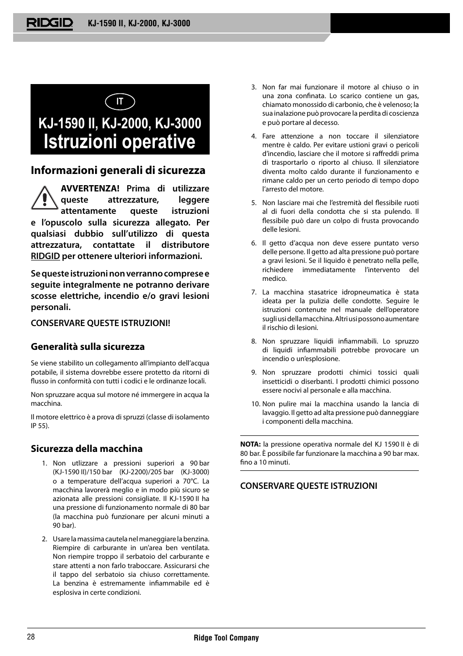 Istruzioni operative, Informazioni generali di sicurezza | RIDGID KJ-3000 User Manual | Page 29 / 124