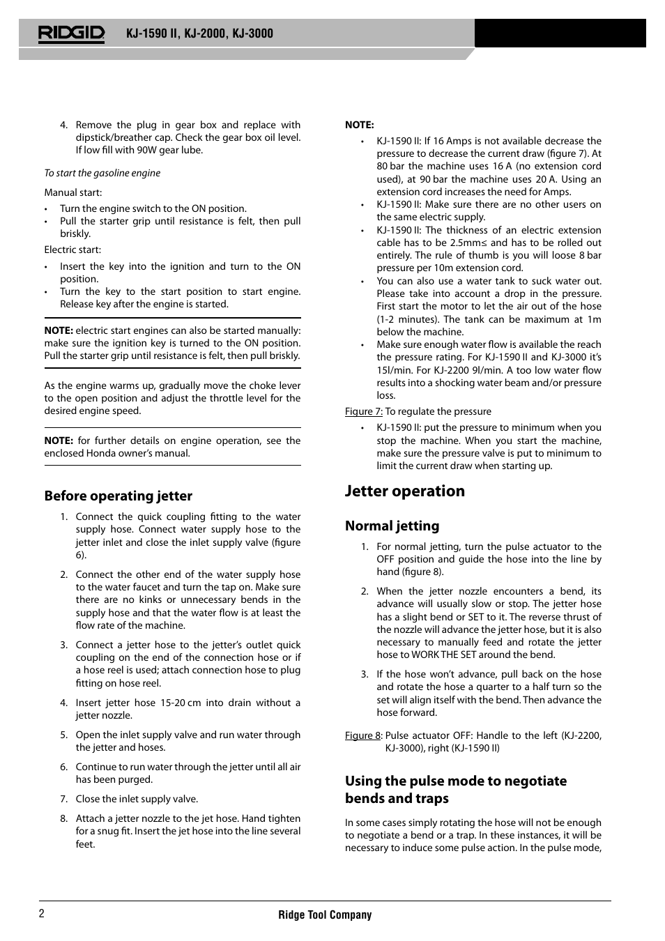 Jetter operation, Before operating jetter, Normal jetting | Using the pulse mode to negotiate bends and traps | RIDGID KJ-3000 User Manual | Page 3 / 124