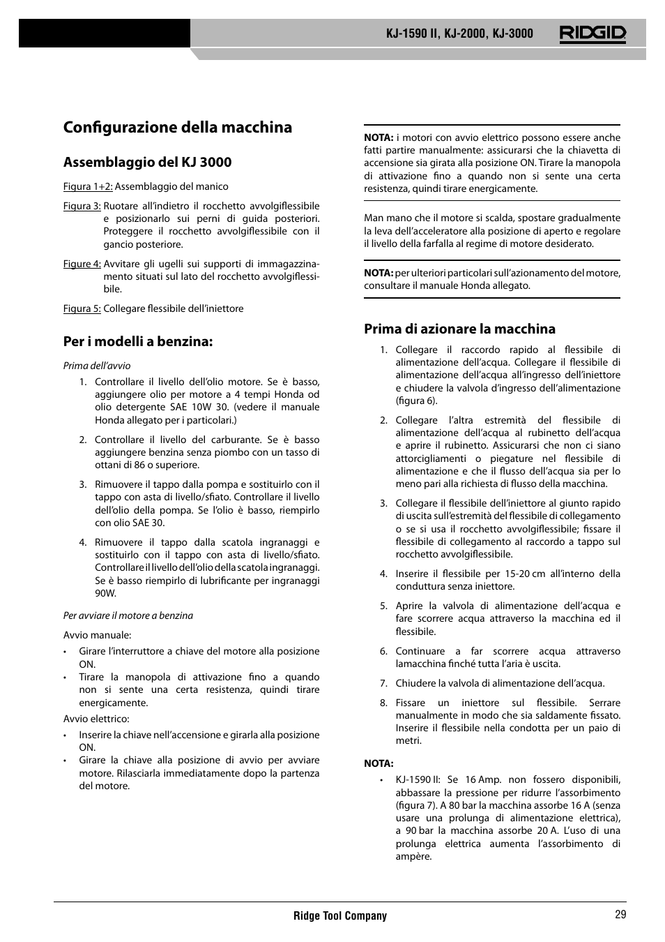 Confi gurazione della macchina, Assemblaggio del kj 3000, Per i modelli a benzina | Prima di azionare la macchina | RIDGID KJ-3000 User Manual | Page 30 / 124